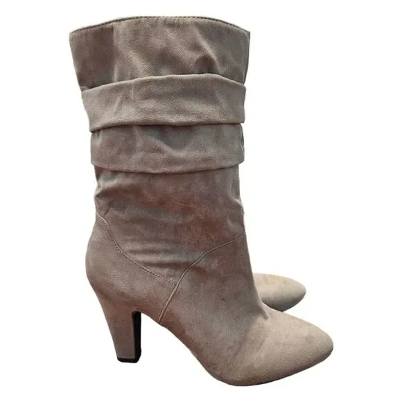 Nine West Taupe Tan Heeled Ankle Boots 9 Slouch Faux Suede - Picture 2 of 5